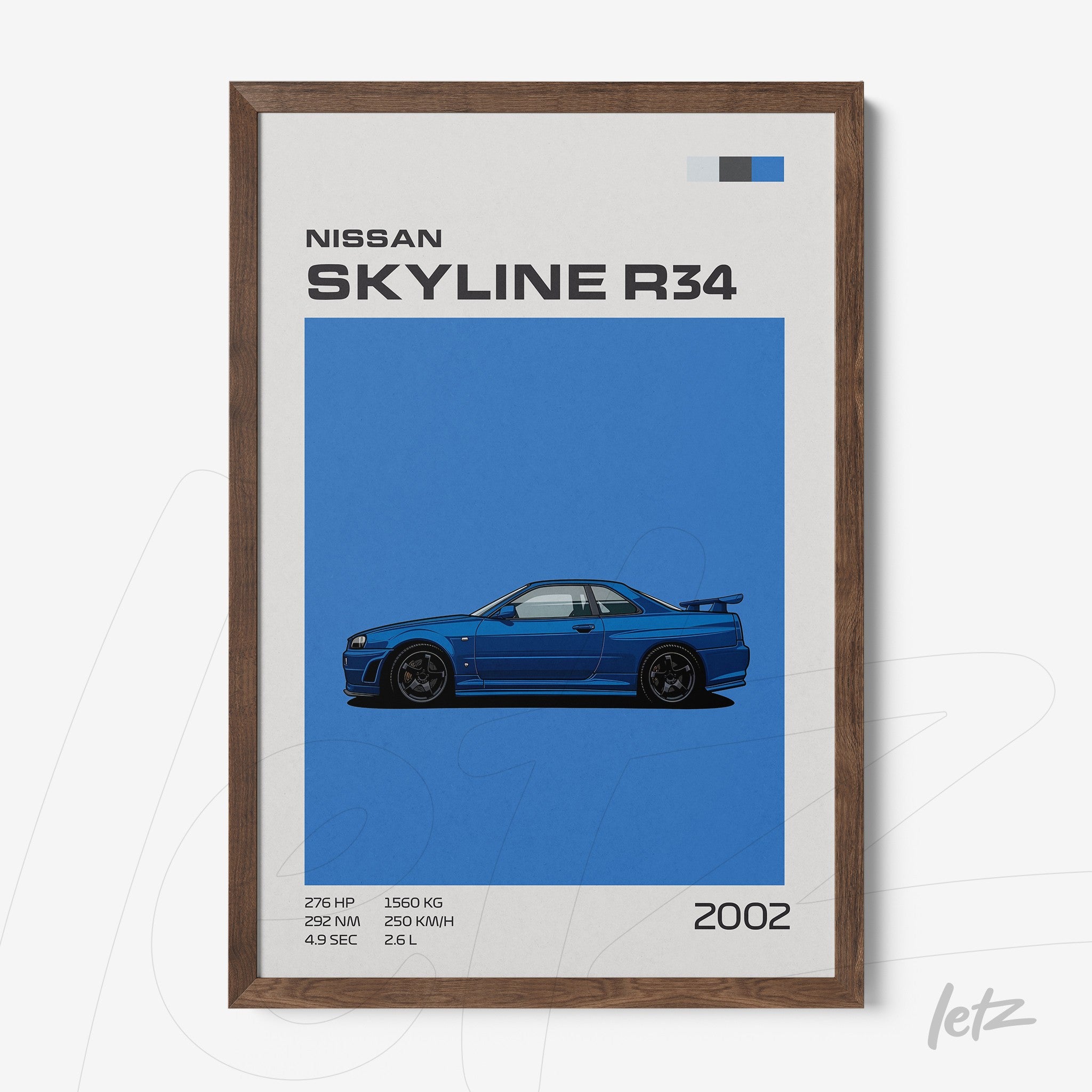 framed artwork featuring illustration of Nissan Skyline R34 on blue background with dark wood frame