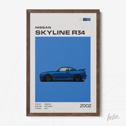 framed artwork featuring illustration of Nissan Skyline R34 on blue background with dark wood frame