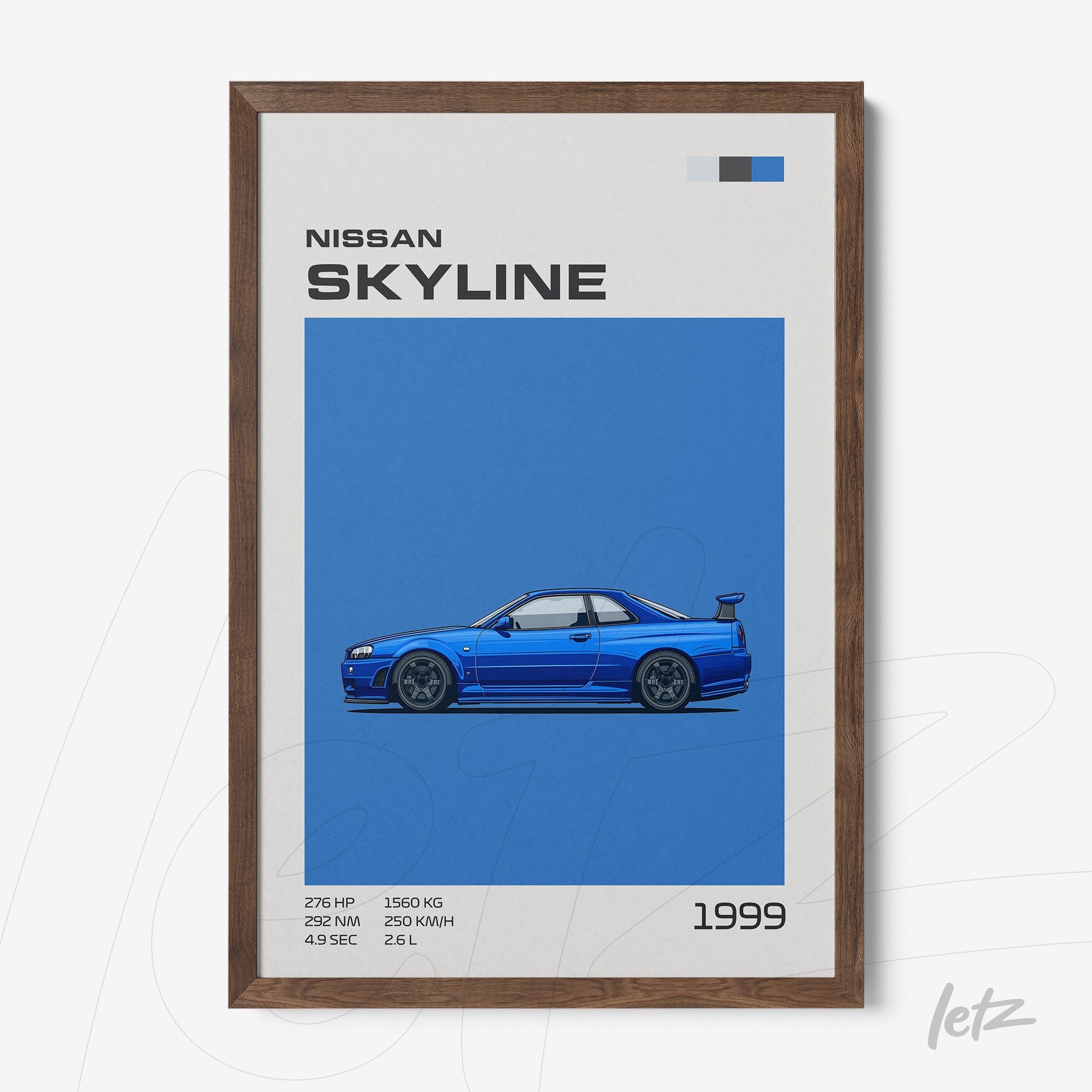 framed illustration of the 1999 Nissan Skyline with vibrant blue background and dark wooden frame