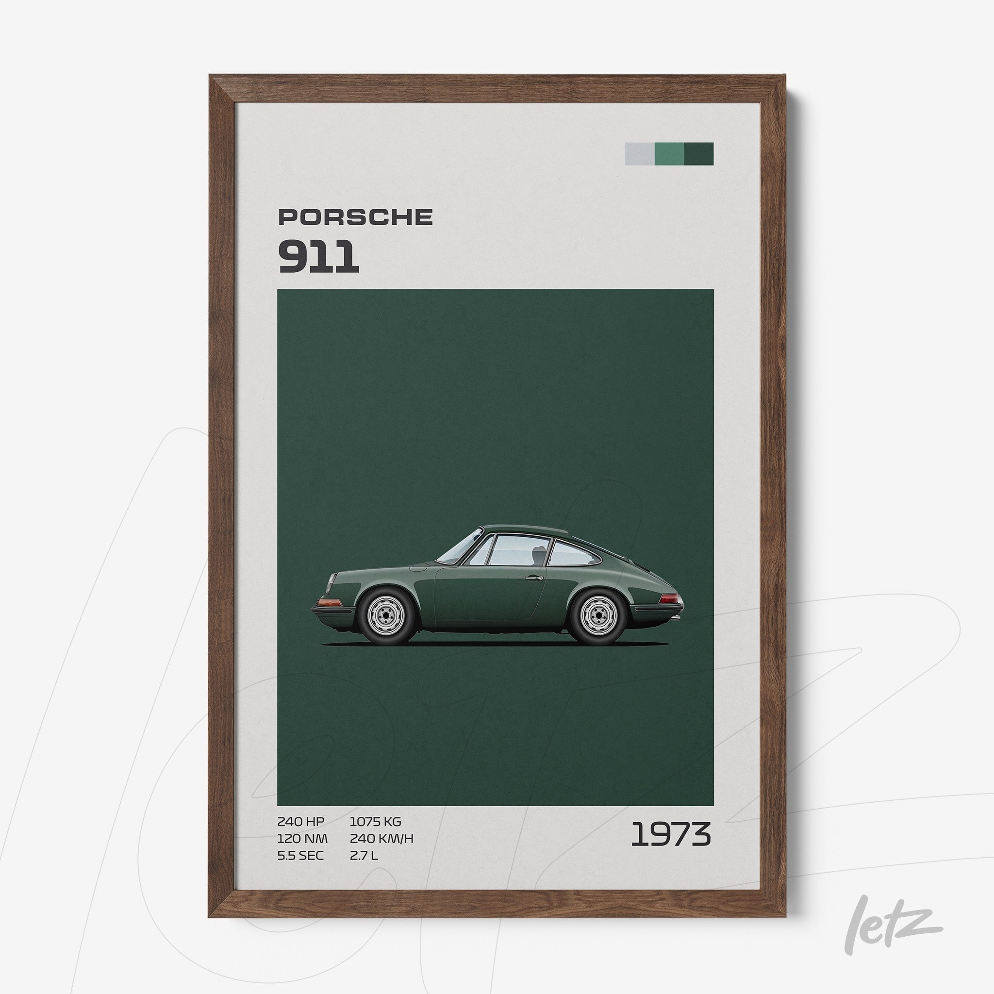framed wall art featuring a minimalist illustration of a green Porsche 911 with dark wood frame