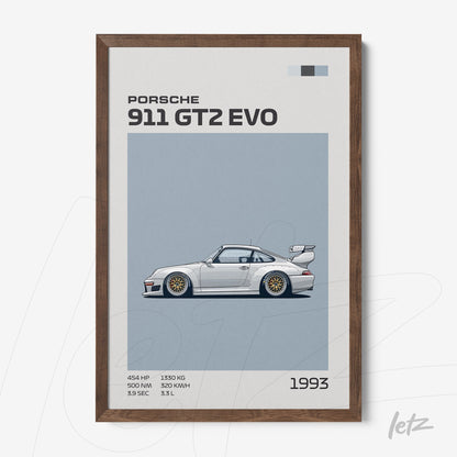 framed minimalist artwork of Porsche 911 GT2 EVO with dark wood frame