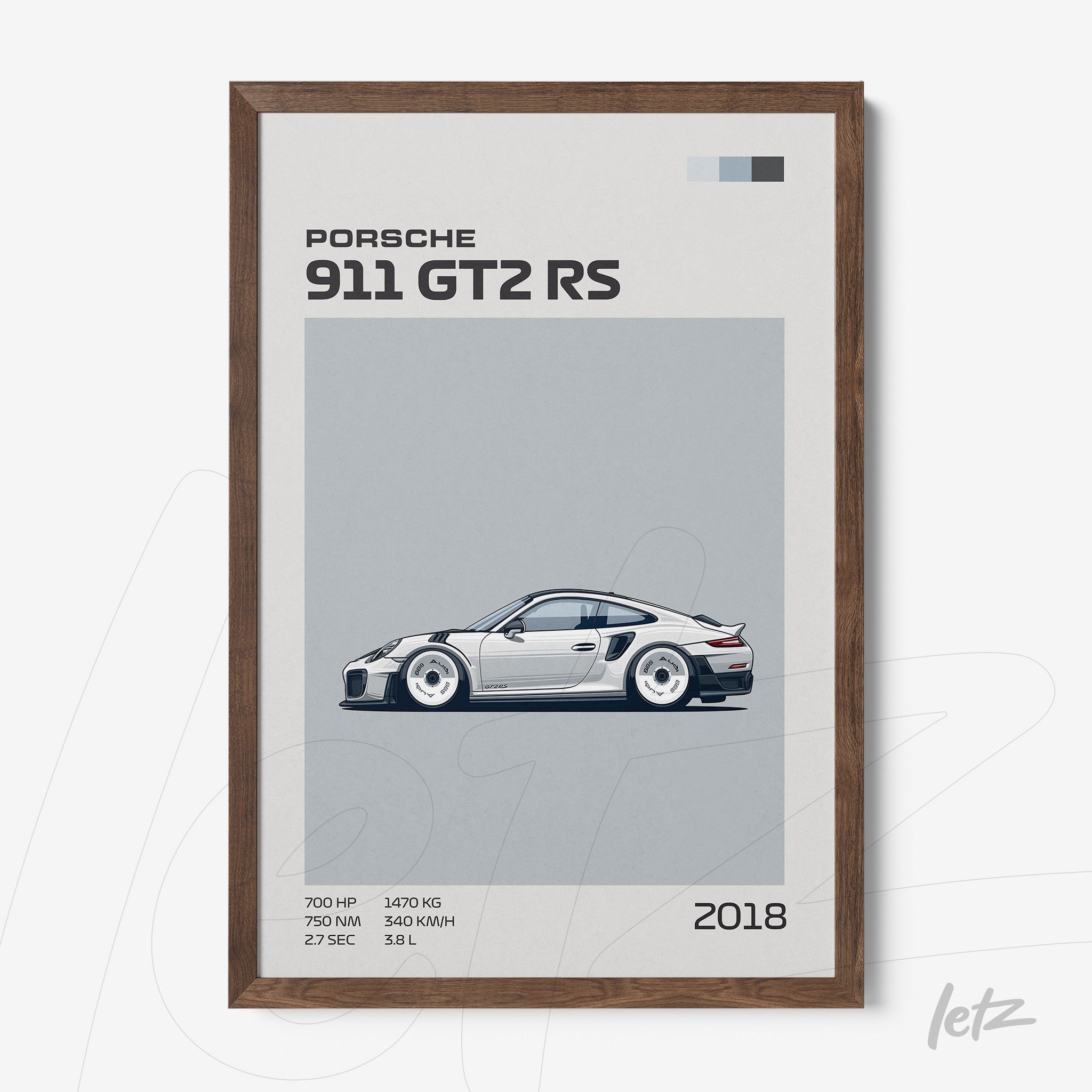 framed wall art featuring a minimalist illustration of Porsche 911 GT2 RS in dark wood frame