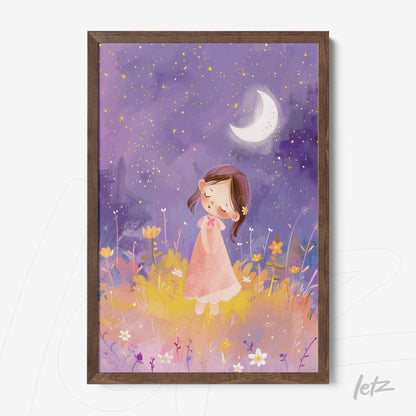framed artwork of a dreaming girl in a flower field under a crescent moon in shades of purple