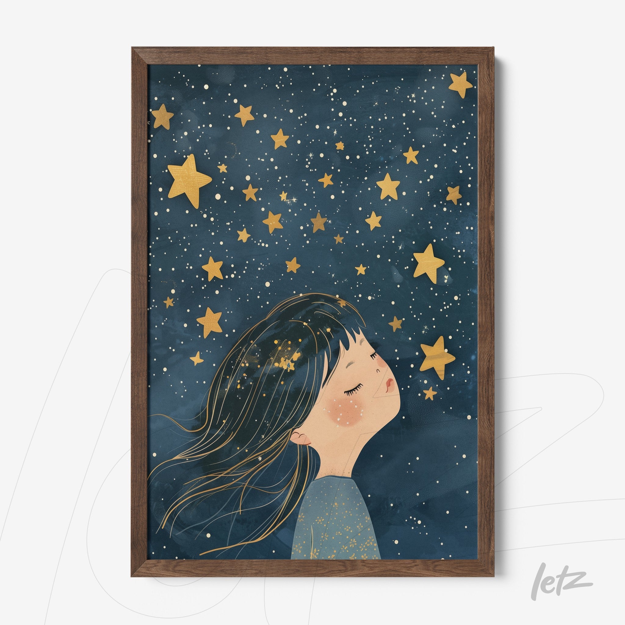 framed art depicting a girl dreaming under a starry sky with dark wood frame