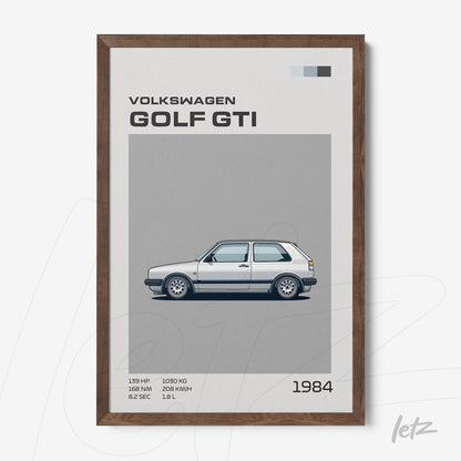 framed illustration of a Volkswagen Golf GTI with a dark wood frame