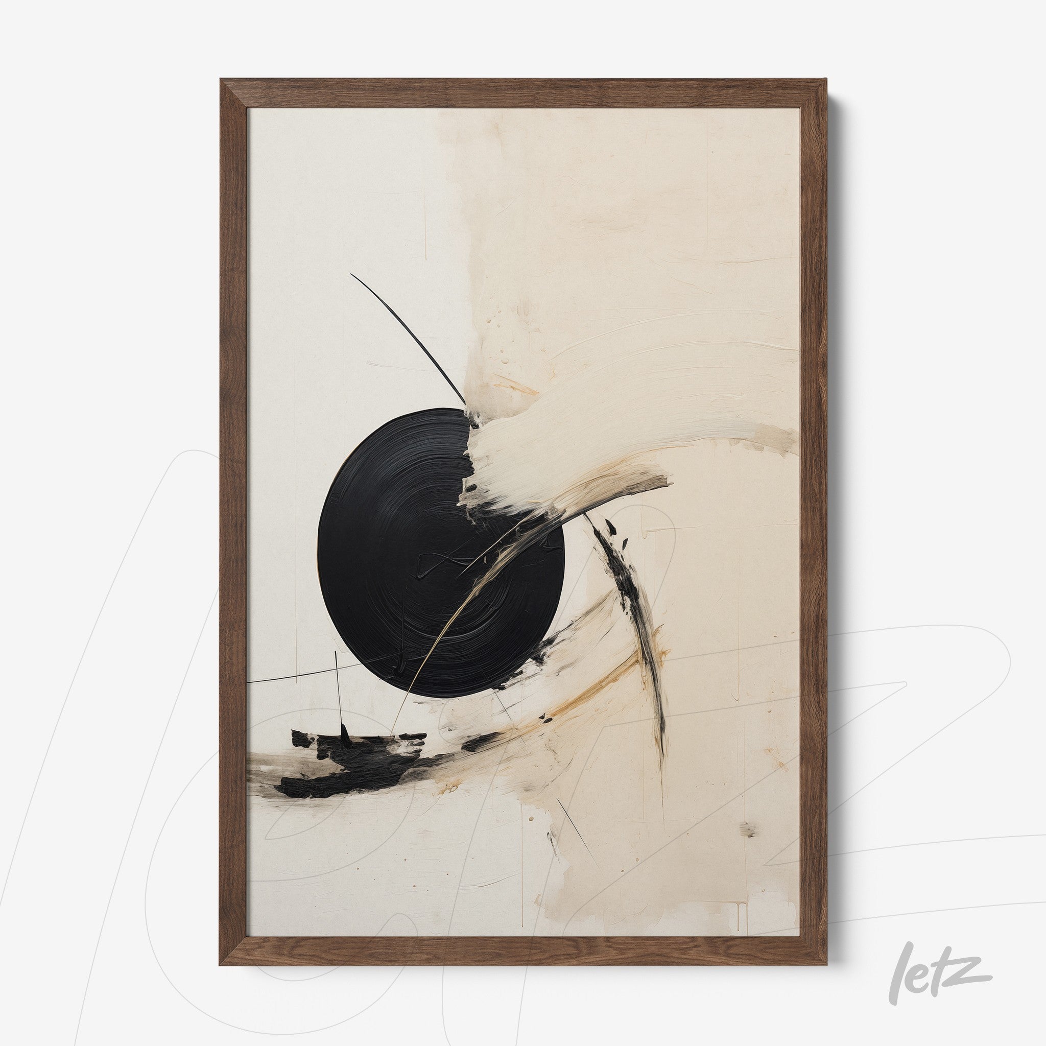 framed abstract wall art featuring light tones and a black circular brushstroke with dark wood frame