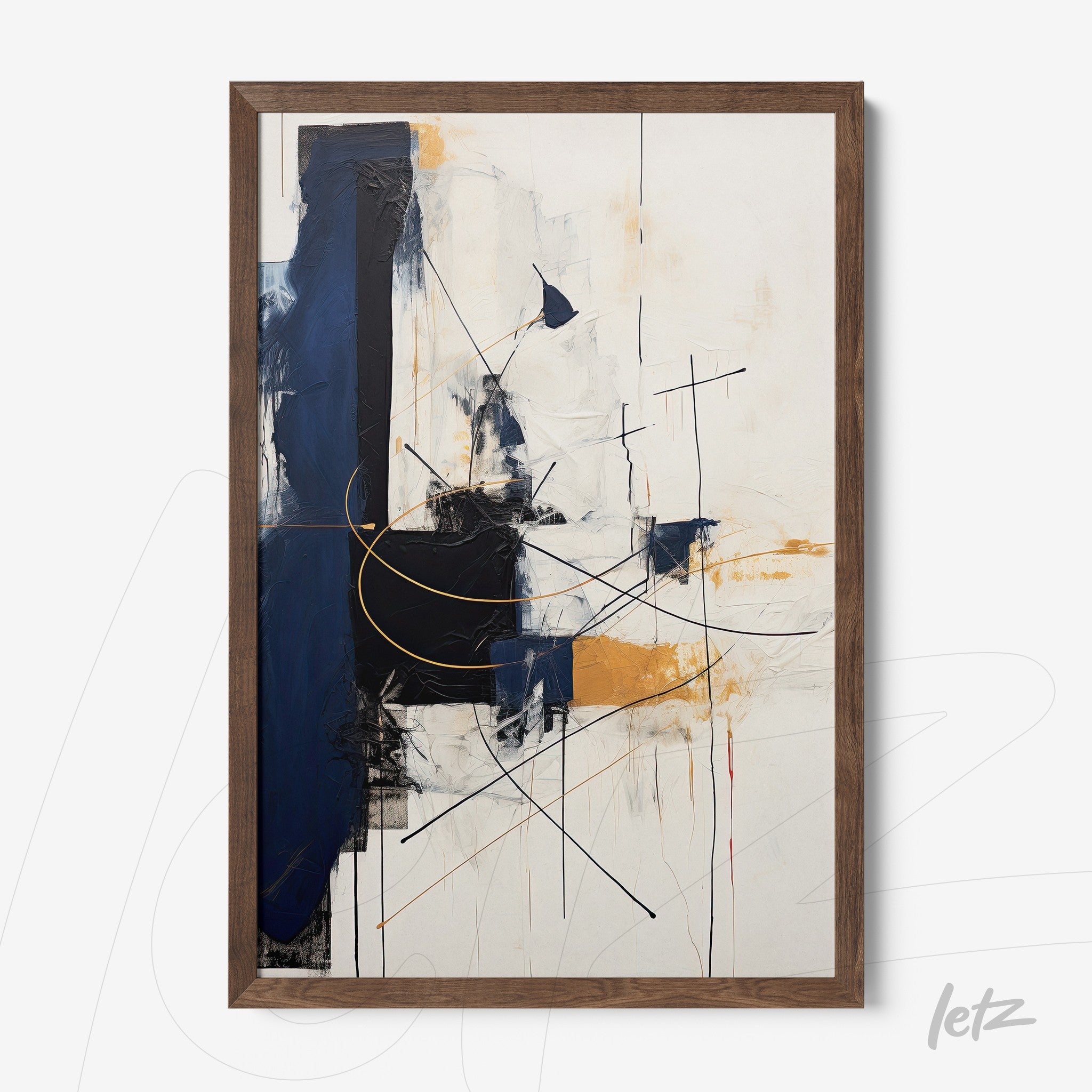 abstract wall art featuring blue, white, and yellow tones in a light wood frame