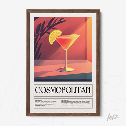 framed wall art featuring a digital illustration of a cosmopolitan cocktail in a glass with a lemon slice and a warm background