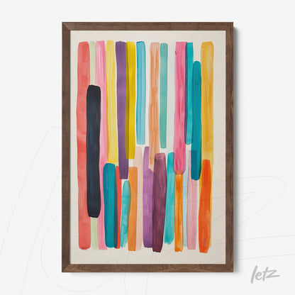 framed wall art featuring vibrant abstract strokes in shades of pink, blue, and orange with a dark wood frame