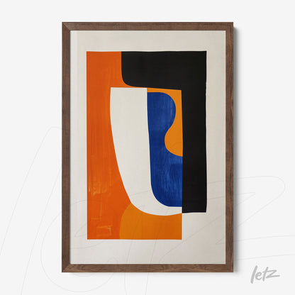 framed wall art featuring abstract design in vibrant colors with geometric shapes in orange, black, and blue