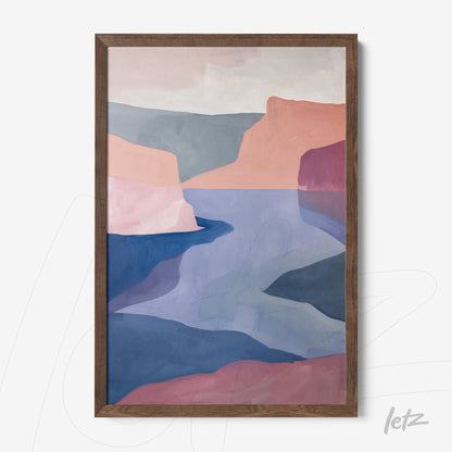 framed abstract landscape art in pastel colors with dark wood frame