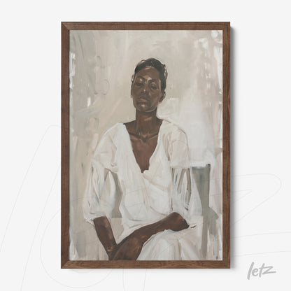 framed artwork of a minimalist portrait of a serene woman in shades of beige and brown with dark wood frame