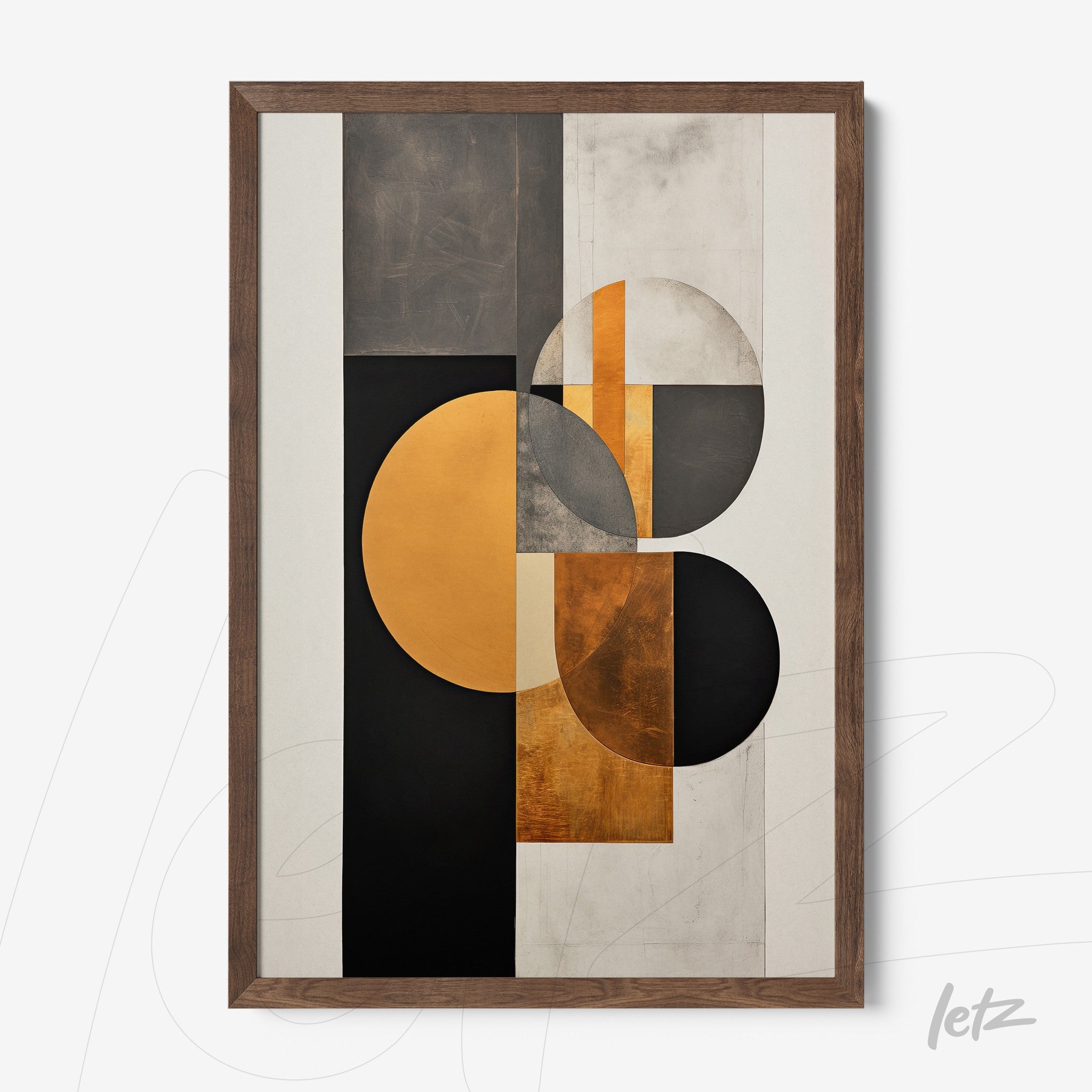 abstract wall art featuring geometric shapes in gold, black, and white with a dark wood frame