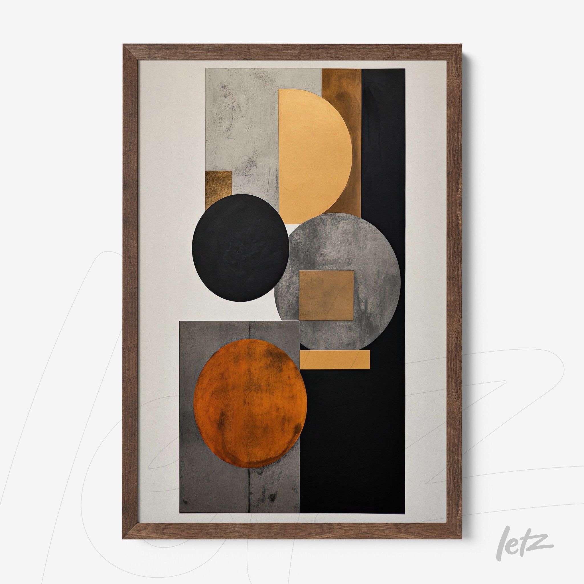 abstract wall art featuring orange, black, and gray circular shapes with a light wood frame