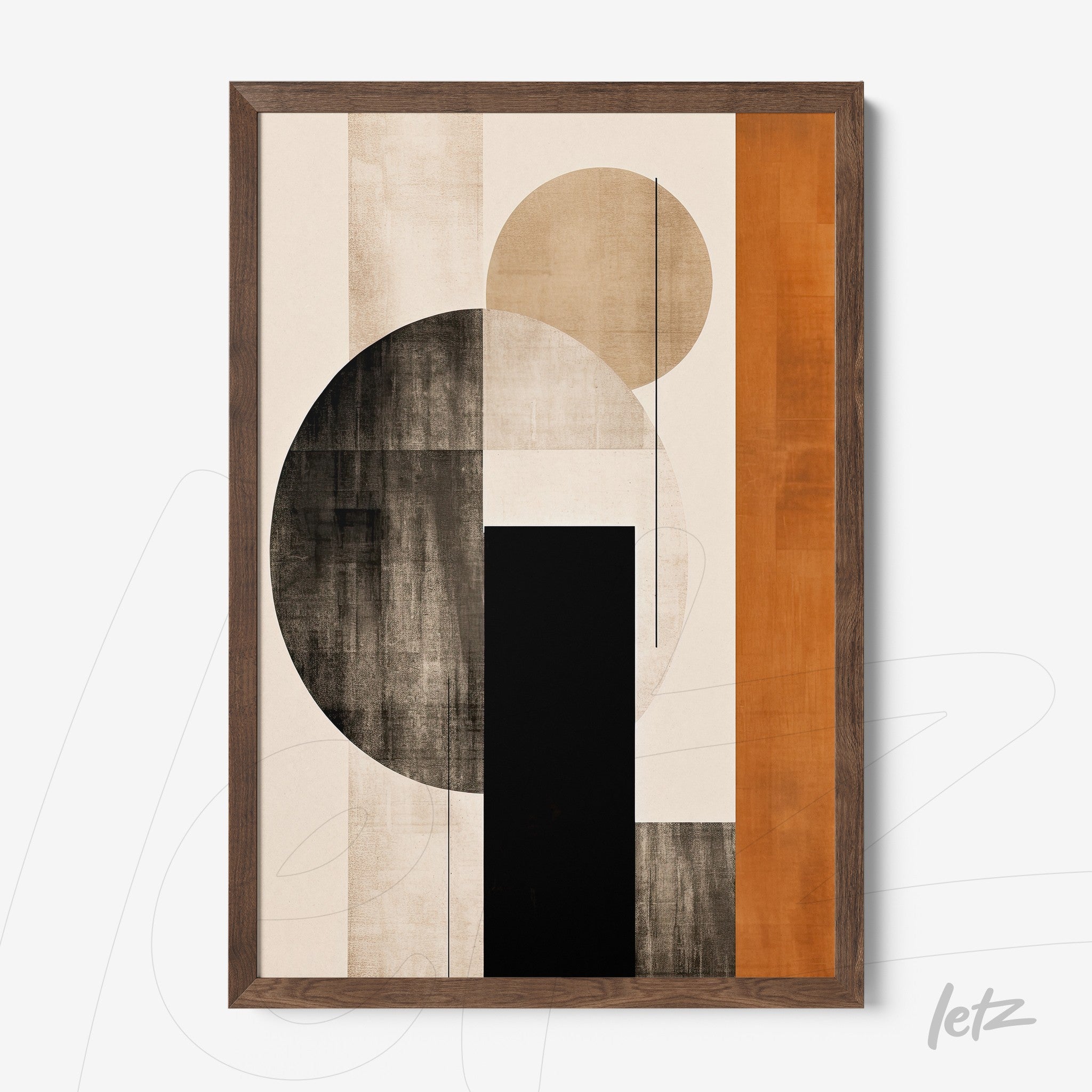 geometric wall art in wooden frame featuring circular and rectangular shapes in neutral tones and orange