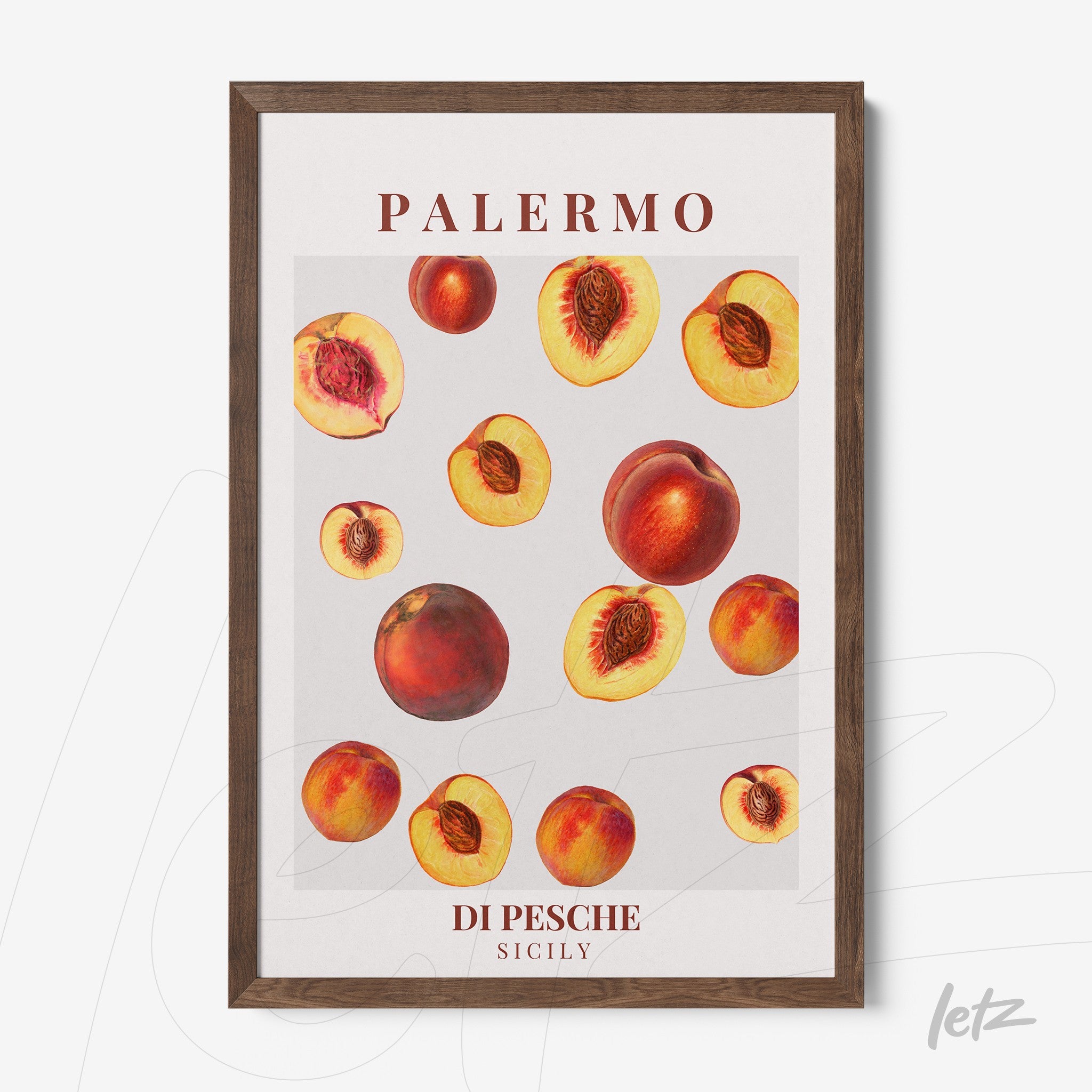 framed artwork featuring peaches on light background with dark wood frame