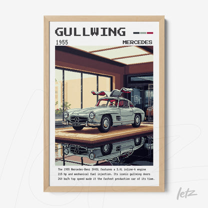 pixel art wall art of a 1955 Mercedes-Benz Gullwing with light wood frame