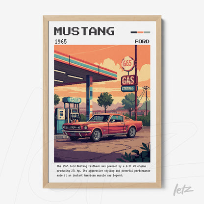 framed pixel art of a red 1960s Ford Mustang in a gas station scene