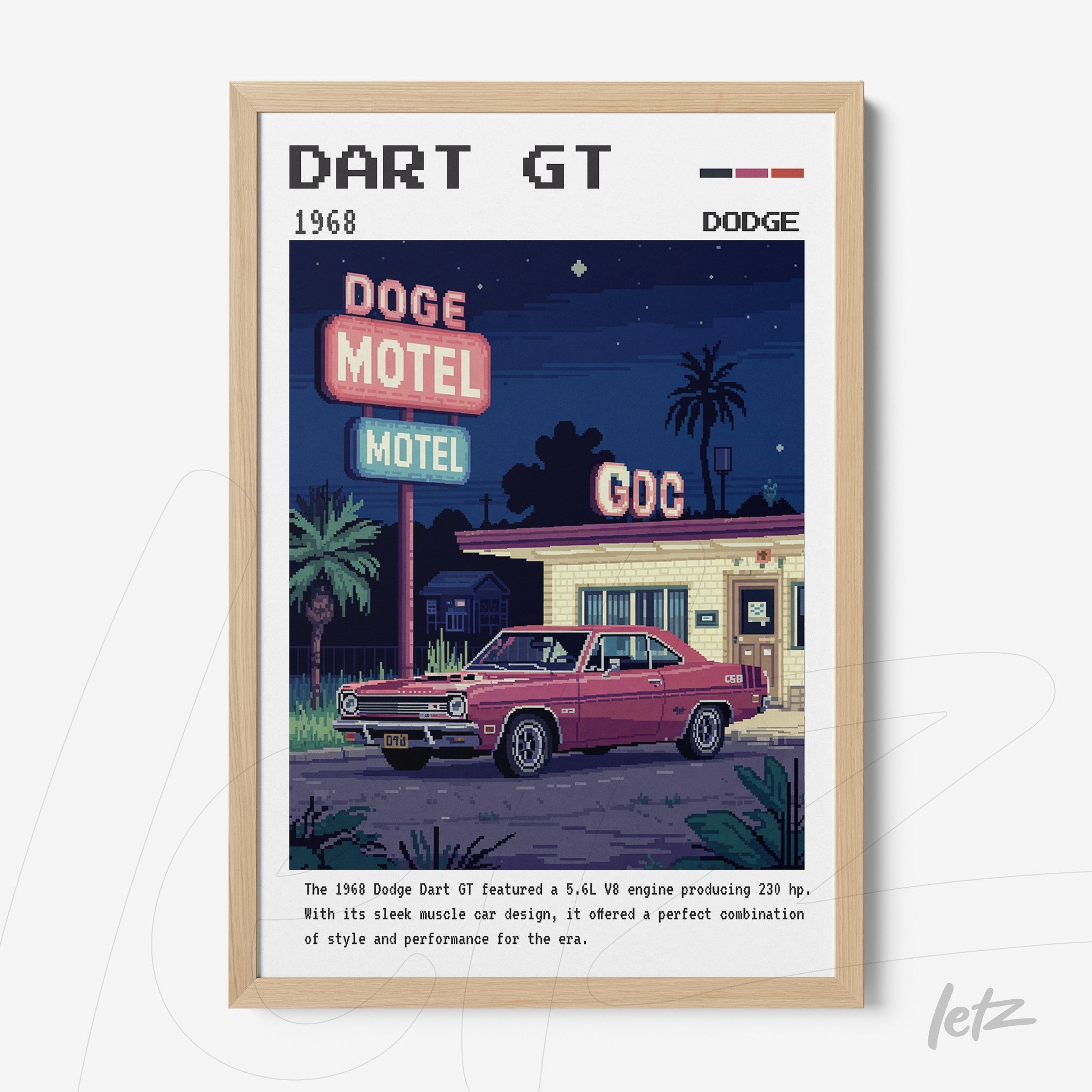 framed artwork of a vintage Dodge Dart GT parked in front of Dodge Motel with light wooden frame