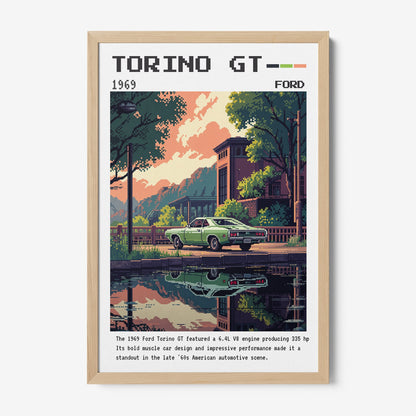 pixel art print of a 1969 Ford Torino GT in an urban landscape with water reflection, framed in light wood