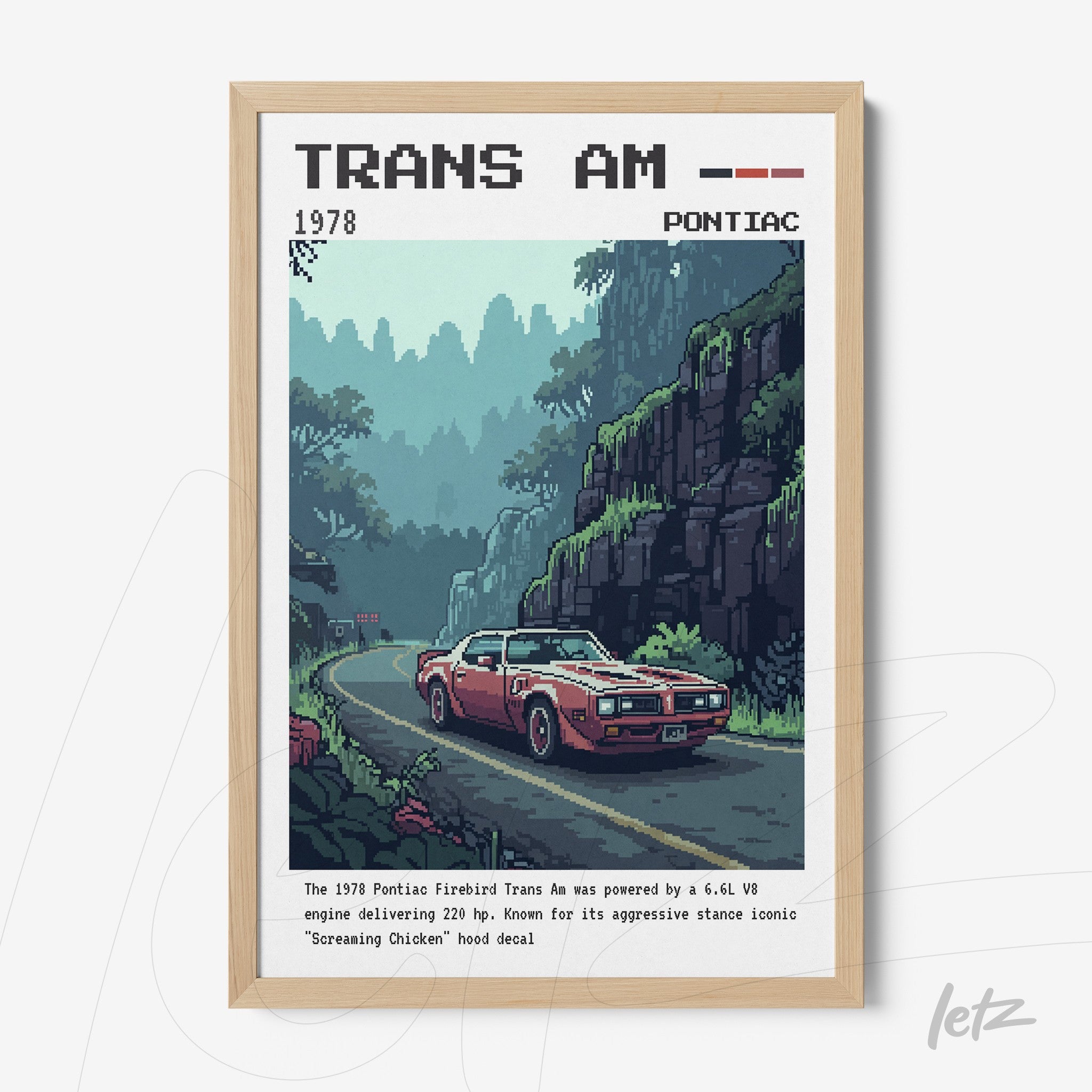 framed artwork featuring a vintage illustration of the 1978 Trans Am car on a tree-lined road