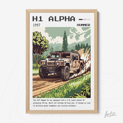 retro style digital art of the 1997 Hummer H1 showcasing an off-road vehicle on a dirt path with greenery in the background, framed in light wood