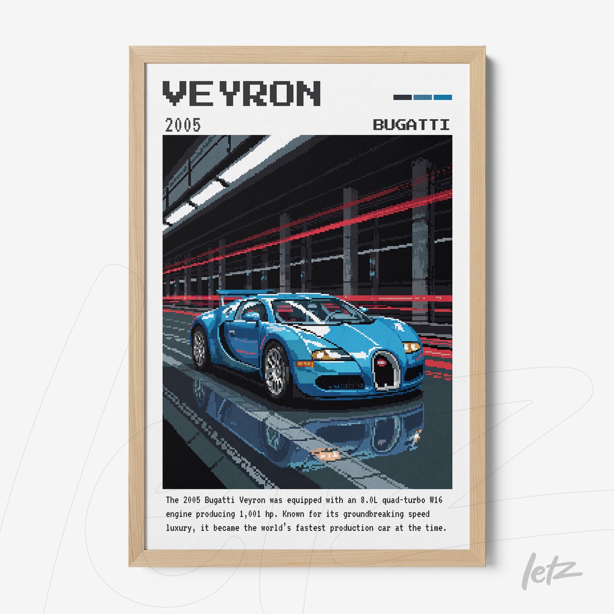 framed digital art of a Bugatti Veyron in an urban background with speed lines, light wood frame