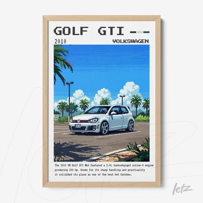 framed pixel art of Golf GTI car with light wood frame against a blue background