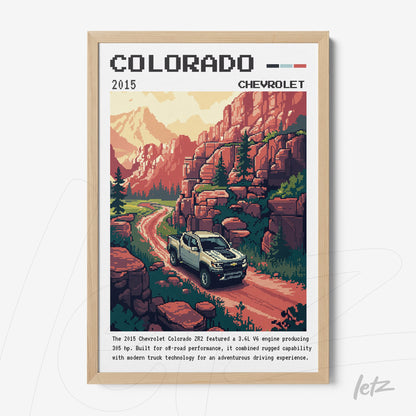 retro style digital art of Chevrolet Colorado truck on dirt road surrounded by mountains