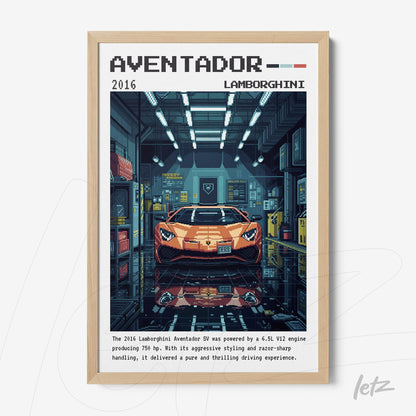 framed digital art of a Lamborghini Aventador in a garage setting with light wood frame