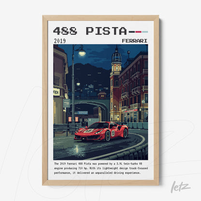 framed artwork of Ferrari 488 Pista sports car with light wood frame, featuring a nighttime urban background