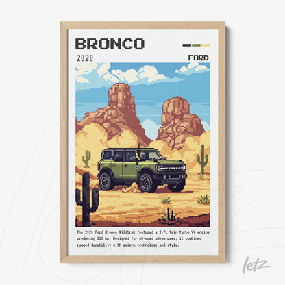 retro style digital artwork of 2020 Ford Bronco in light wooden frame