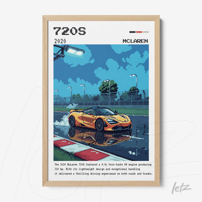 framed pixel art of McLaren 720S on a racetrack with light wood frame