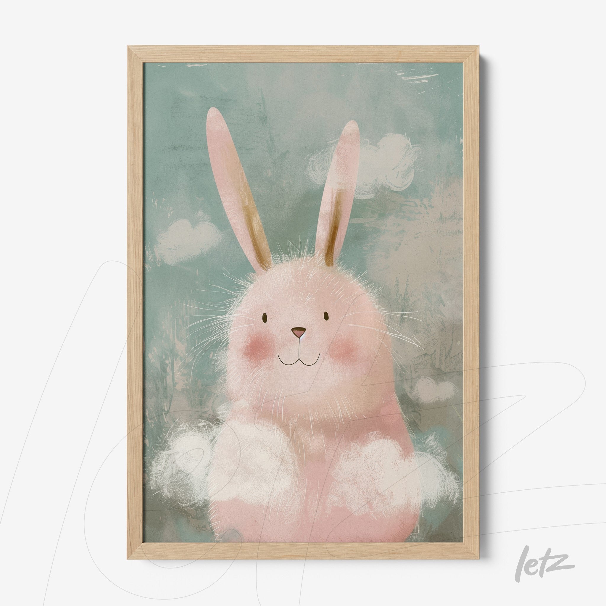 framed wall art of a pink fluffy bunny against a light blue background with a wooden frame