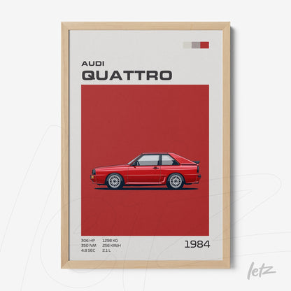 framed artwork featuring a red Audi Quattro car illustration on a red background with light wood frame and graphic text elements