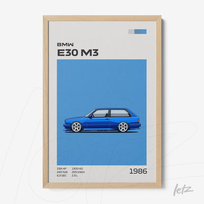 framed digital artwork of a blue BMW E30 M3 against a blue background with a light wood frame