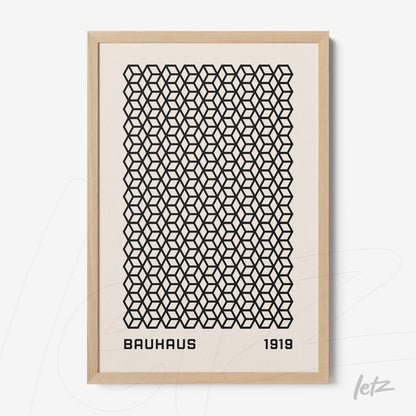Bauhaus style geometric pattern framed art with light wood frame