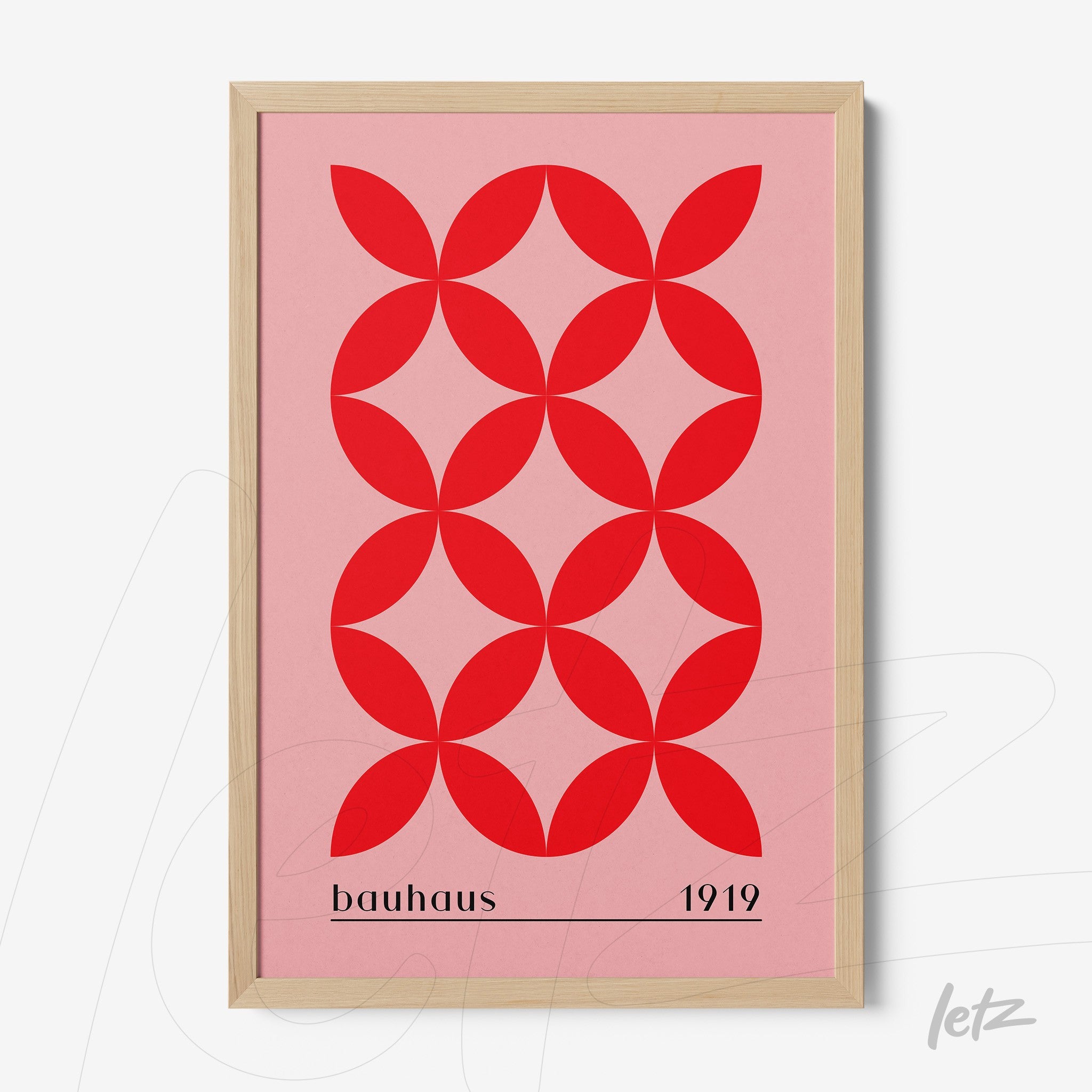 framed geometric red pattern in bauhaus style on pink background, light frame