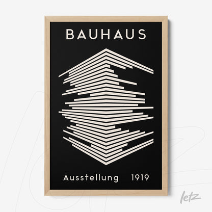 poster with bauhaus-inspired geometric art in light wood frame