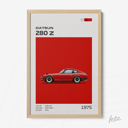 digital artwork of Datsun 280 Z car on red background with light wood frame