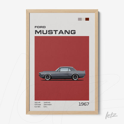 framed wall art featuring an illustration of the 1967 Ford Mustang against a red background