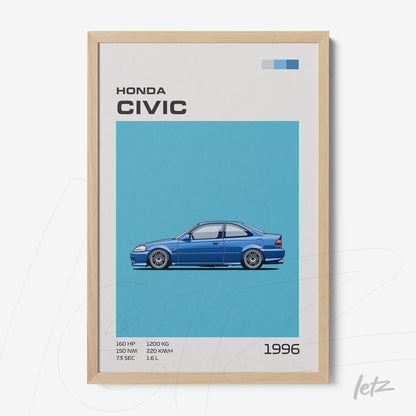 framed illustration of a blue 1996 Honda Civic with light wooden frame and vibrant blue background