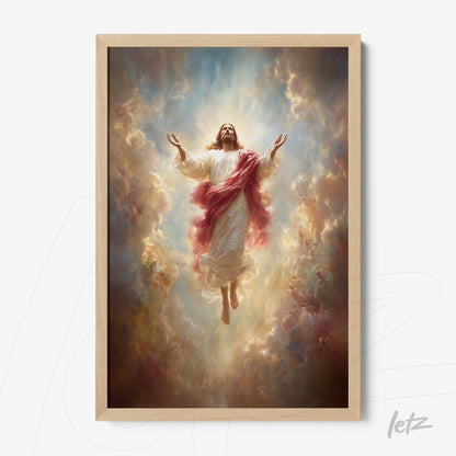 framed art depicting jesus in ascension surrounded by clouds and light with a light wood frame