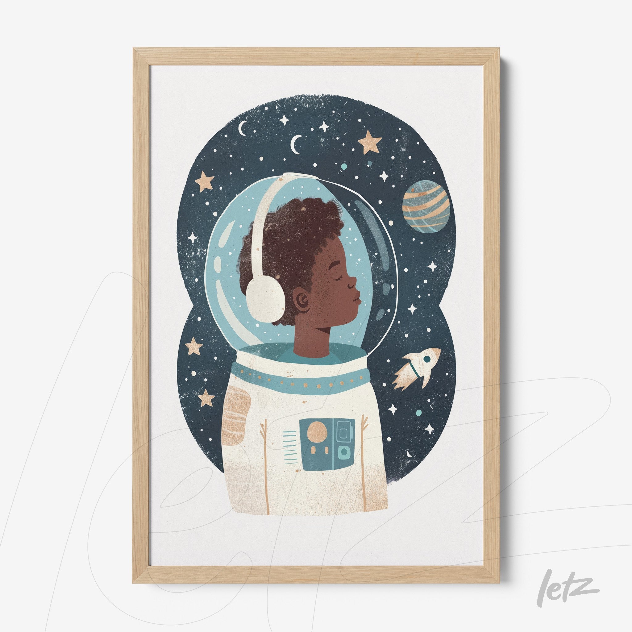 framed digital artwork of a boy astronaut in space with planets and stars, light wood frame