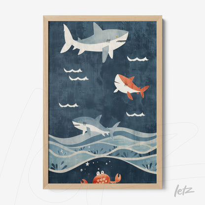 framed children's art featuring swimming sharks against a deep blue background with a light wood frame