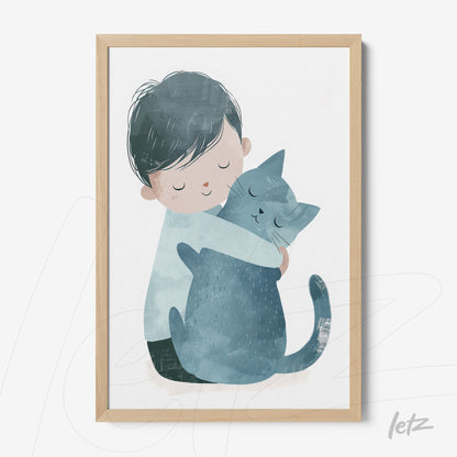 framed art featuring a soft illustration of a child hugging a gray cat with a light wooden frame