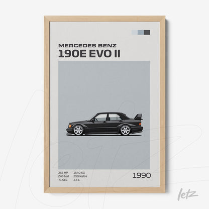 framed artwork featuring a graphic illustration of Mercedes Benz 190E EVO II with light wood frame