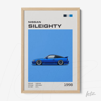 framed wall art featuring a digital illustration of a Nissan Sileighty car against a vibrant blue background with a light wood frame
