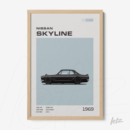 framed artwork of the 1969 Nissan Skyline in light wood frame