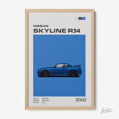 framed artwork featuring a blue illustration of Nissan Skyline R34 with light wood frame